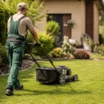 Jardinier à domicile tondant la pelouse d'un particulier, prestation éligible aux services à la personne