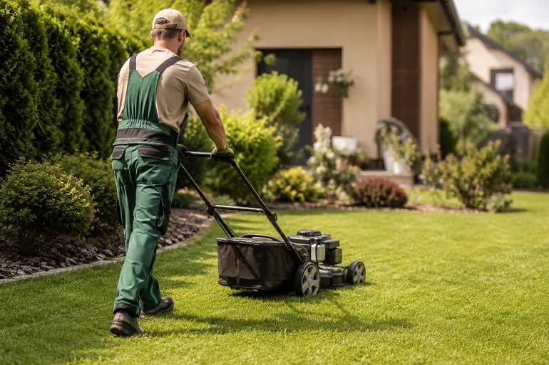 Jardinier à domicile tondant la pelouse d'un particulier, prestation éligible aux services à la personne