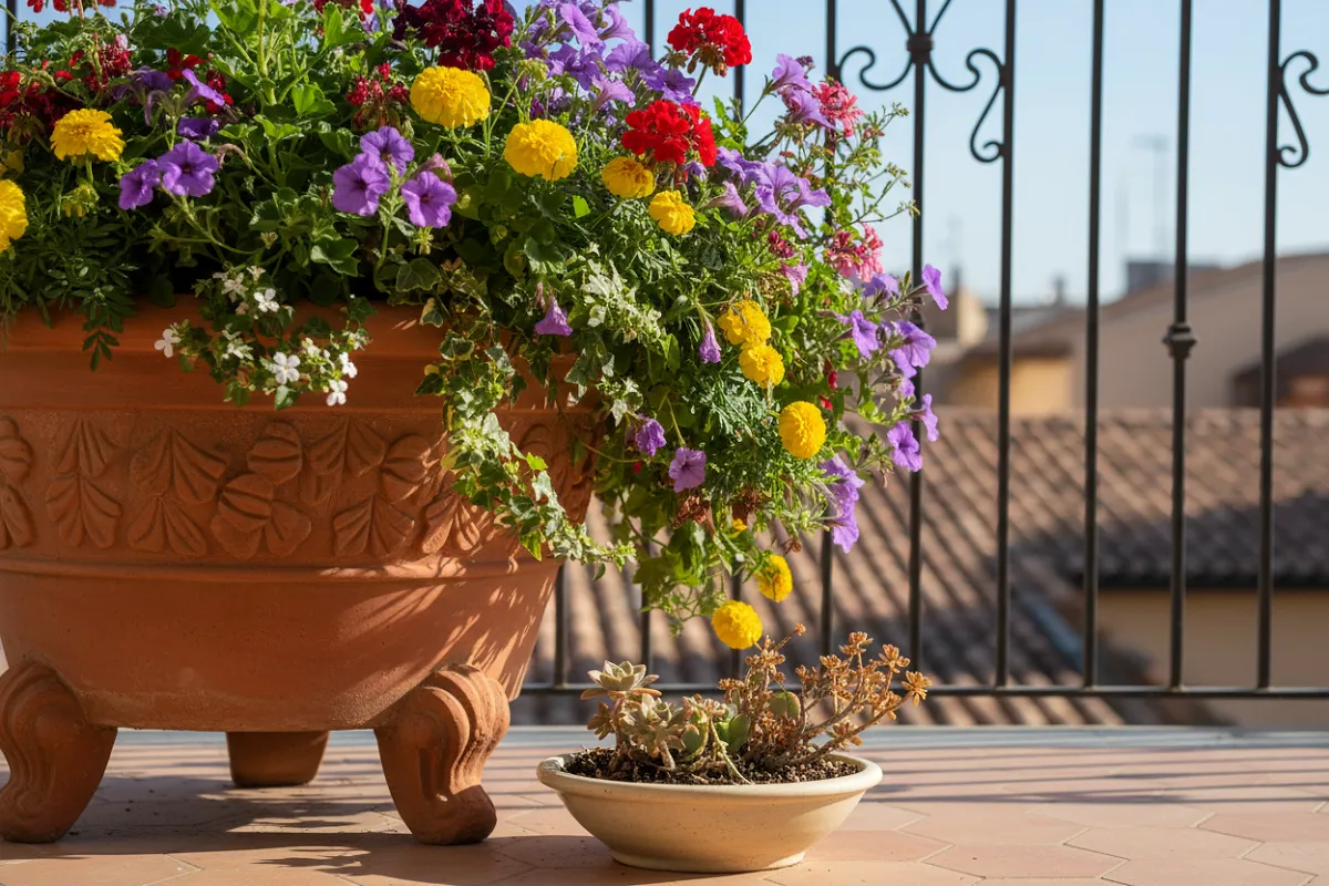 Une grande jardinière profonde débordant de fleurs sur un balcon ensoleillé, surélevée sur des cales, à côté d'un petit pot peu profond aux plantes clairsemées.