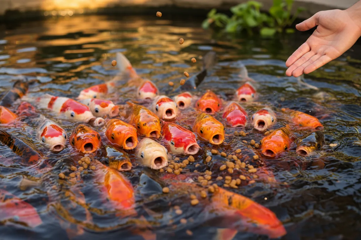 Plusieurs grandes carpes koï se pressent en surface, gueule ouverte, parmi des granulés flottants, avec une main juste au-dessus de l'eau au bord du cadre.