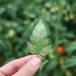 Comment reconnaître ce qu'a mon pied de tomate ? 2 Une main soulève une feuille de tomate pour l'examiner : elle porte plusieurs taches brunes aux bords flous, sur fond de plants verts.