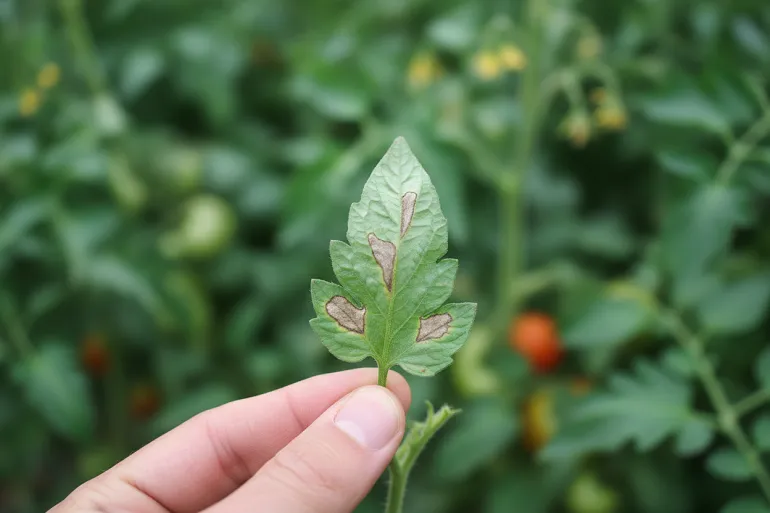 Une main soulève une feuille de tomate pour l'examiner : elle porte plusieurs taches brunes aux bords flous, sur fond de plants verts.