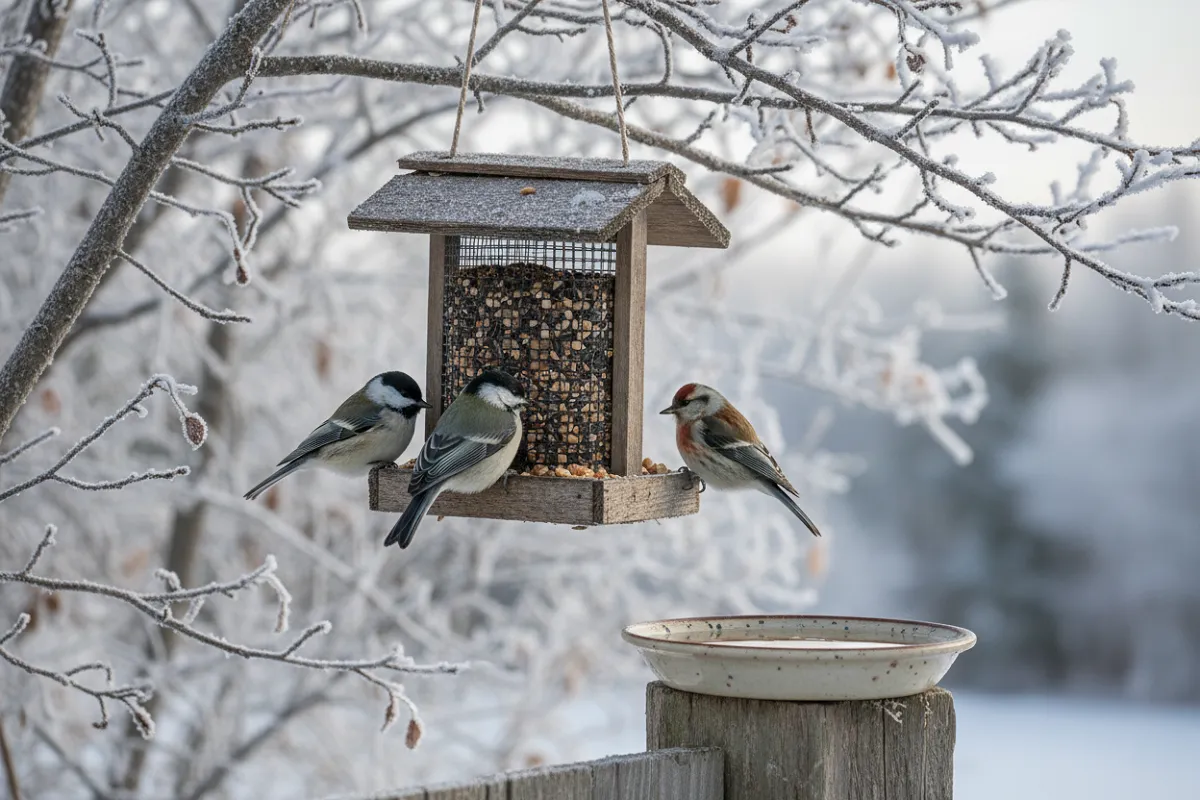 Une mangeoire suspendue où se nourrissent de petits oiseaux, et une coupelle d'eau non gelée posée à côté sur un piquet.