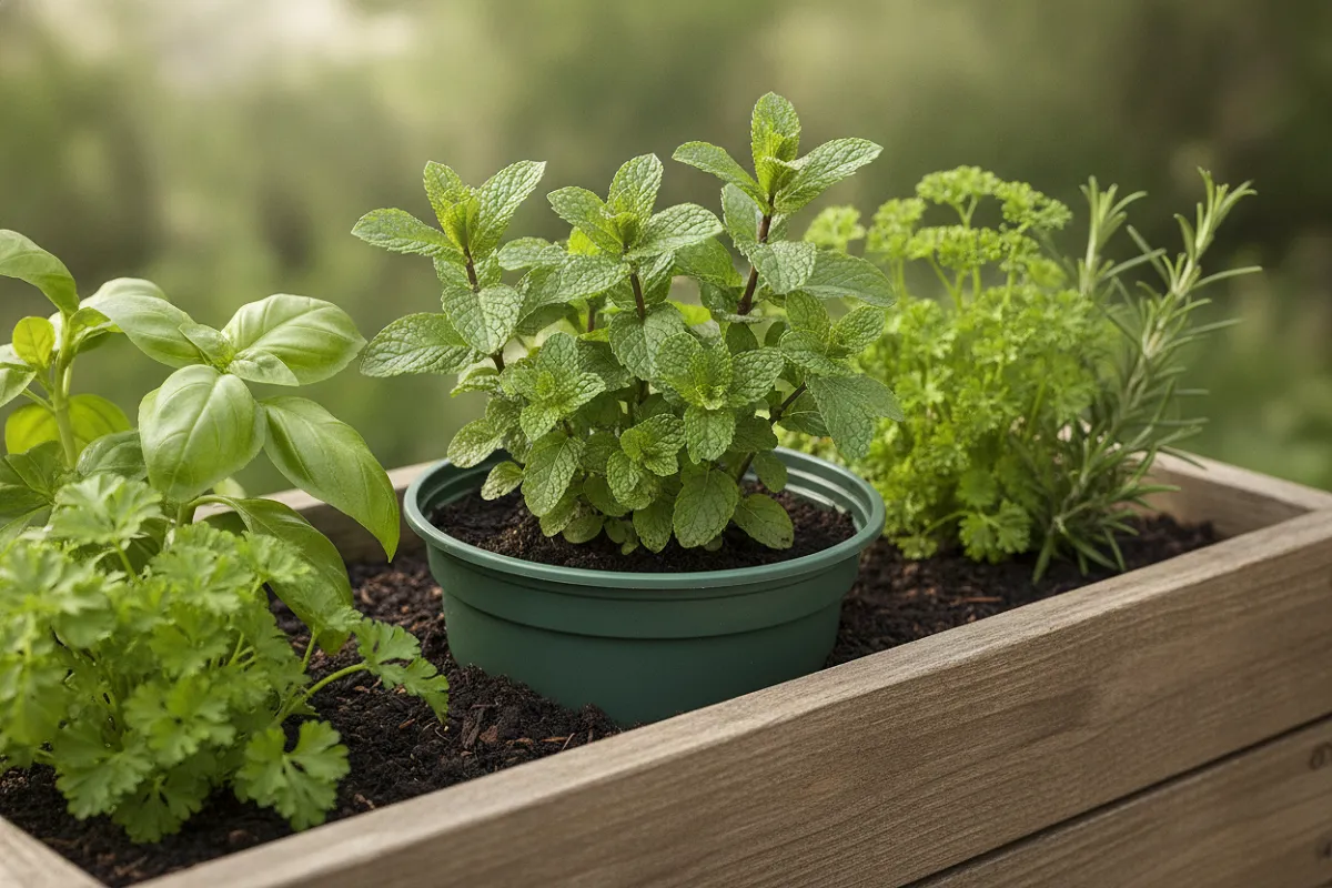 Un pot de menthe enterré dans une jardinière en bois, son rebord dépassant de quelques centimètres au-dessus de la terre, entouré d'autres aromatiques cultivées dans le même bac.