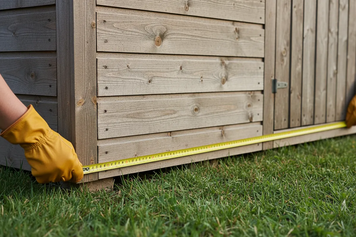 Déclaration abri de jardin : un mètre ruban posé au sol le long de toute la base d'un abri en bois, ses deux extrémités visibles aux deux angles extérieurs du mur.