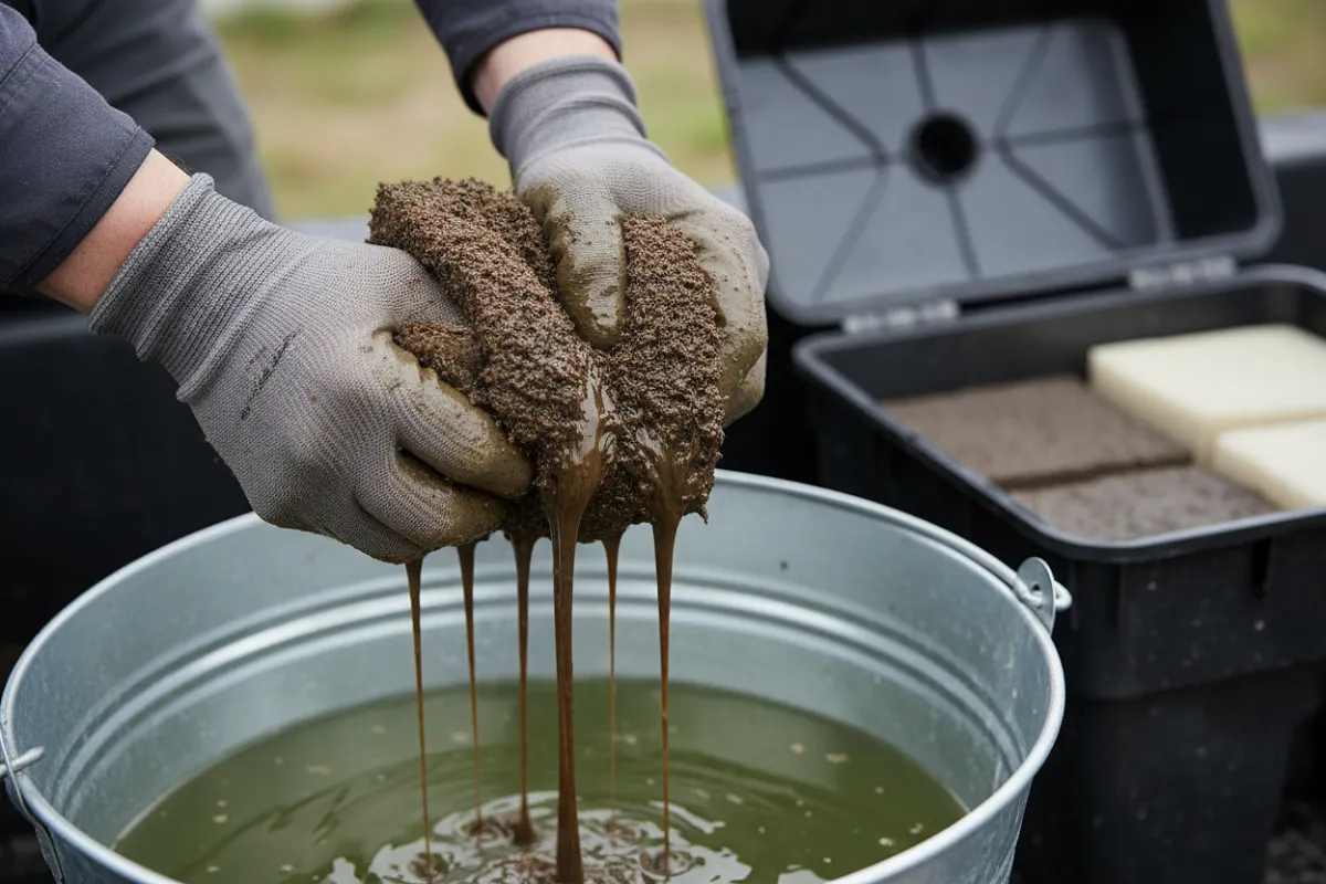 Deux mains gantées pressent une mousse de filtration brun foncé au-dessus d'un seau d'eau de bassin trouble, laissant s'écouler des filets de boue brune.