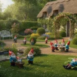 un jardin décoré avec des nains de jardin