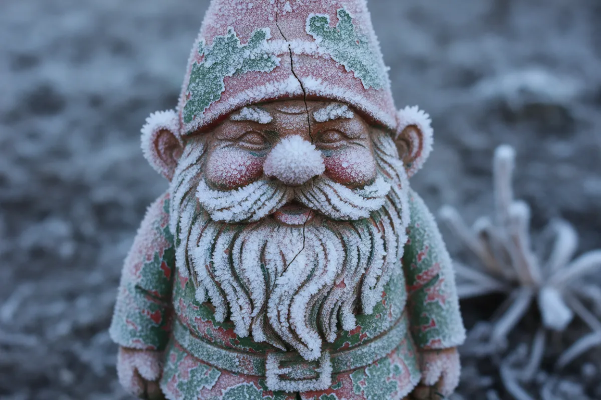 Une vieille figurine de jardin en terre cuite couverte de gelée blanche, la peinture partant par plaques et une fine fissure descendant le long du flanc.