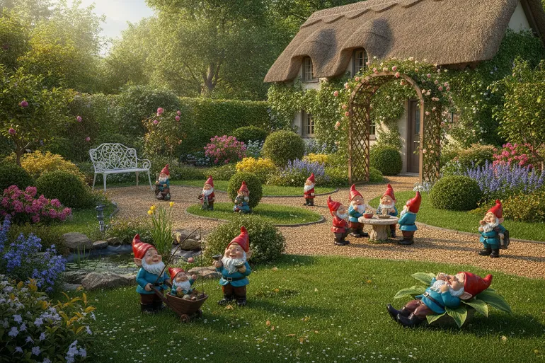un jardin décoré avec des nains de jardin