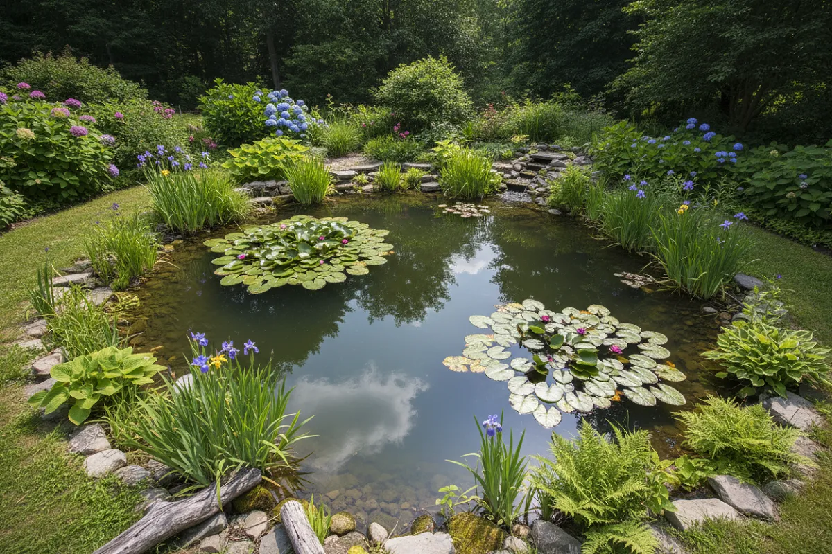 Vue plongeante sur un bassin où les feuilles de nénuphar couvrent environ un tiers de la surface, laissant de larges zones d'eau libre qui reflètent le ciel.