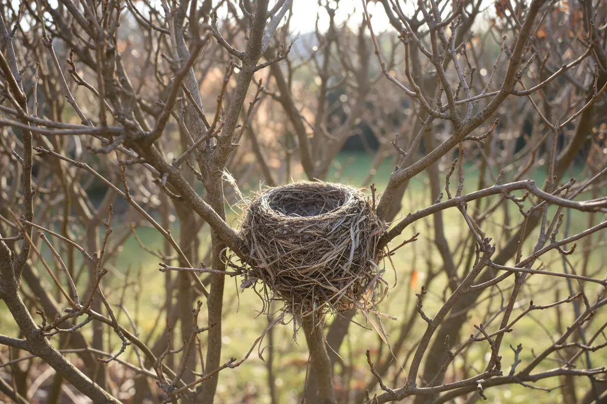 Vue dans les branches nues d'une haie de jardin, un nid d'oiseau vide niché entre les rameaux.