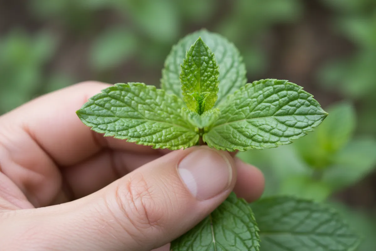 Une main pince la tête d'une tige de menthe juste au-dessus d'une paire de feuilles, où deux minuscules pousses sont visibles à la base.