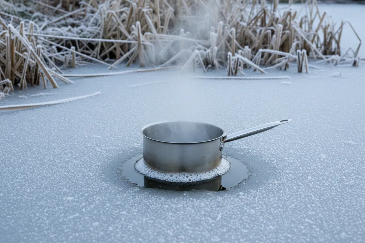 Une casserole d'eau fumante posée sur la glace d'un bassin gelé, une petite ouverture ronde déjà fondue autour de sa base, avec du givre sur les bords et des tiges sèches à l'arrière-plan.