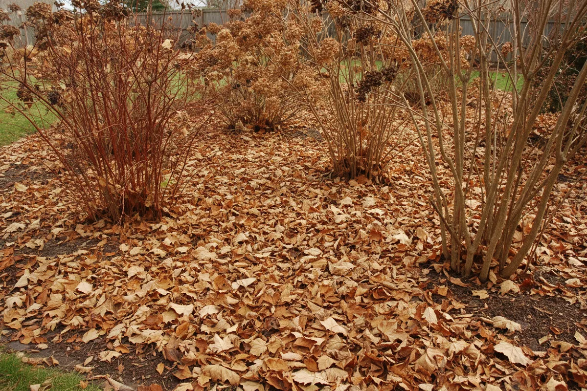 Le sol nu d'un massif entièrement recouvert d'une épaisse couche de feuilles mortes, entre les tiges des arbustes.