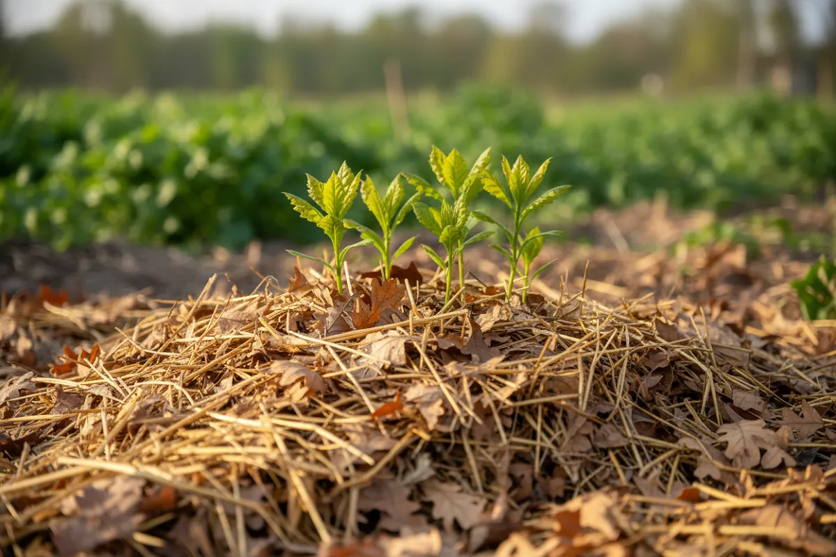 Une épaisse couche de feuilles mortes et de paille étalée au pied d'une plante, sur plusieurs centimètres, avec des pousses vertes qui émergent au-dessus.