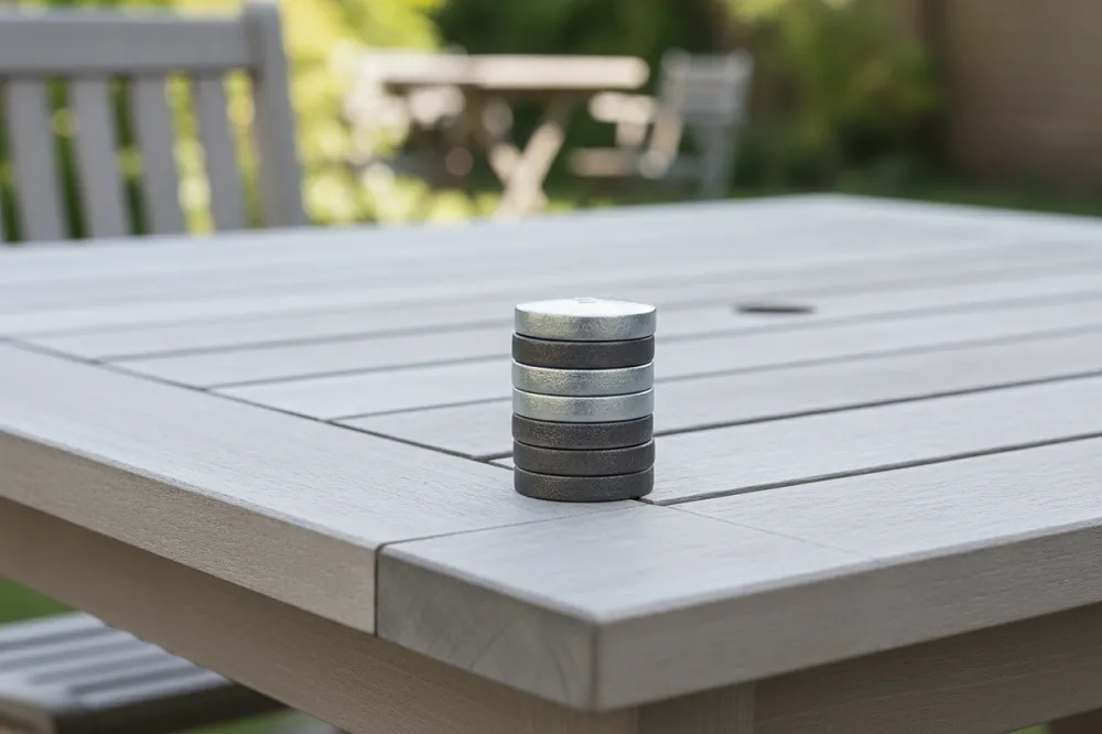 Des palets de laiton plats posés sur une table de jardin en bois, métal doré aux bords arrondis par l'usage.