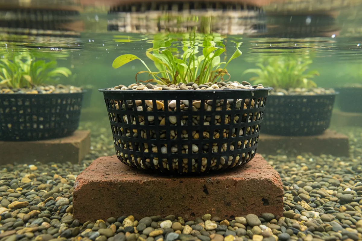 Un panier de plantation ajouré noir posé sur une brique plate au fond d'un petit bassin, ce qui remonte la plante à la bonne hauteur d'eau, avec du gravier couvrant la terre du panier.