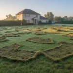 Des sangliers ont retourné mon jardin : que faire ? 3 Sanglier jardin : une pelouse retournée par plaques irrégulières, le gazon soulevé en morceaux aux bords déchiquetés, avec des îlots d'herbe intacte au milieu des zones remuées.