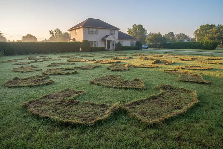 Sanglier jardin : une pelouse retournée par plaques irrégulières, le gazon soulevé en morceaux aux bords déchiquetés, avec des îlots d'herbe intacte au milieu des zones remuées.