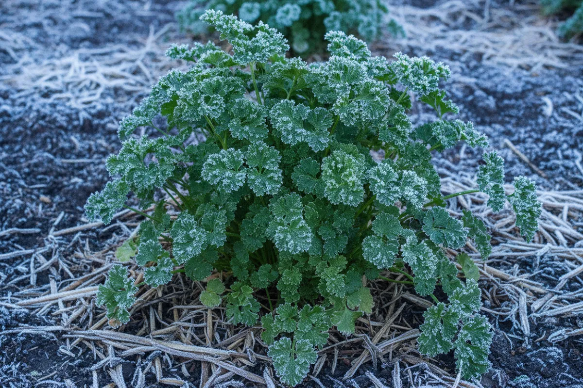 Une touffe de persil bien verte et dressée dans un massif, couverte de gelée blanche, avec un paillage de paille au pied et un sol gelé autour.