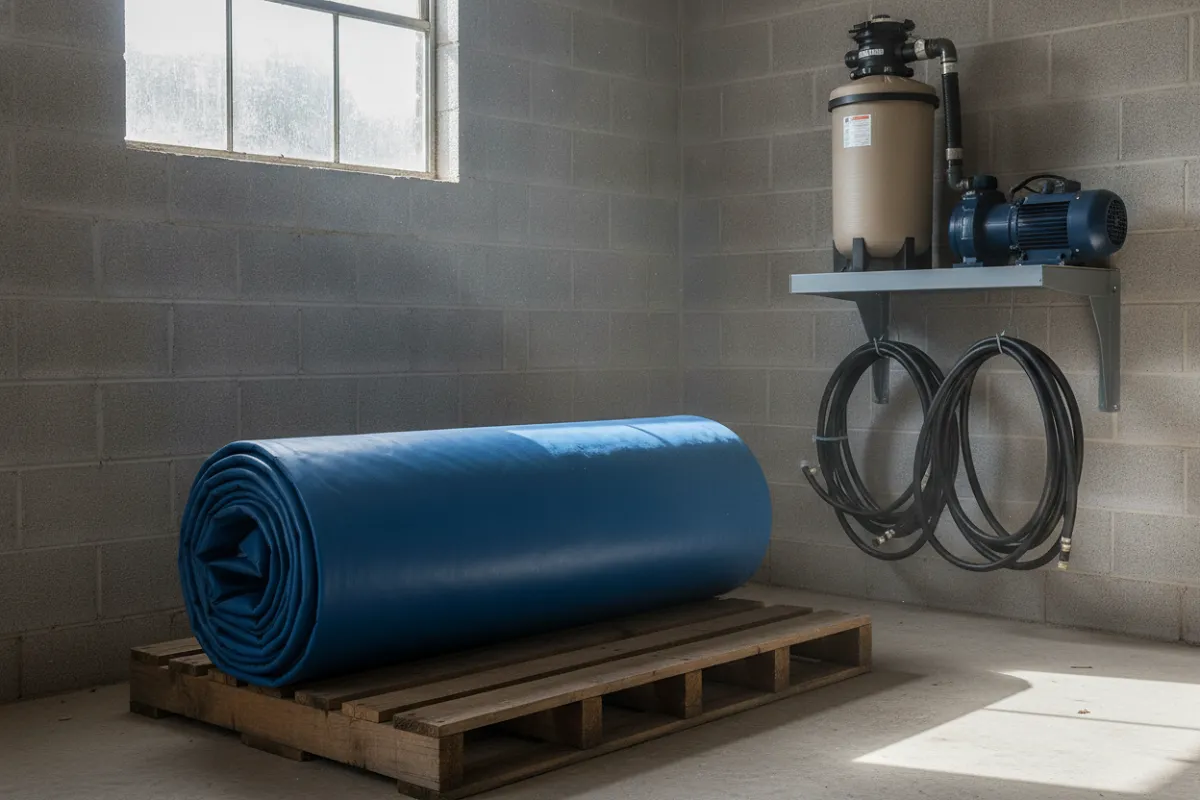 Dans un garage sec, la toile d'une piscine hors sol roulée proprement sur une palette en bois, entièrement sèche, avec la pompe et le filtre rangés à côté sur une étagère.