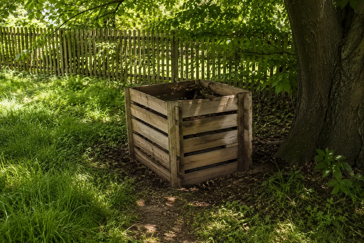 Un composteur posé à même la terre sous l'ombre légère d'un arbre, son ouverture tournée à l'opposé d'une clôture, avec un passage d'herbe tassée qui mène jusqu'à lui.