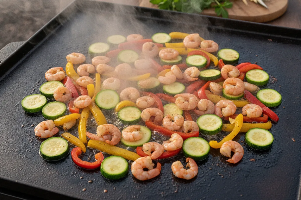 Une plancha brûlante couverte de gambas et de fines lamelles de courgette et de poivron en train de saisir.