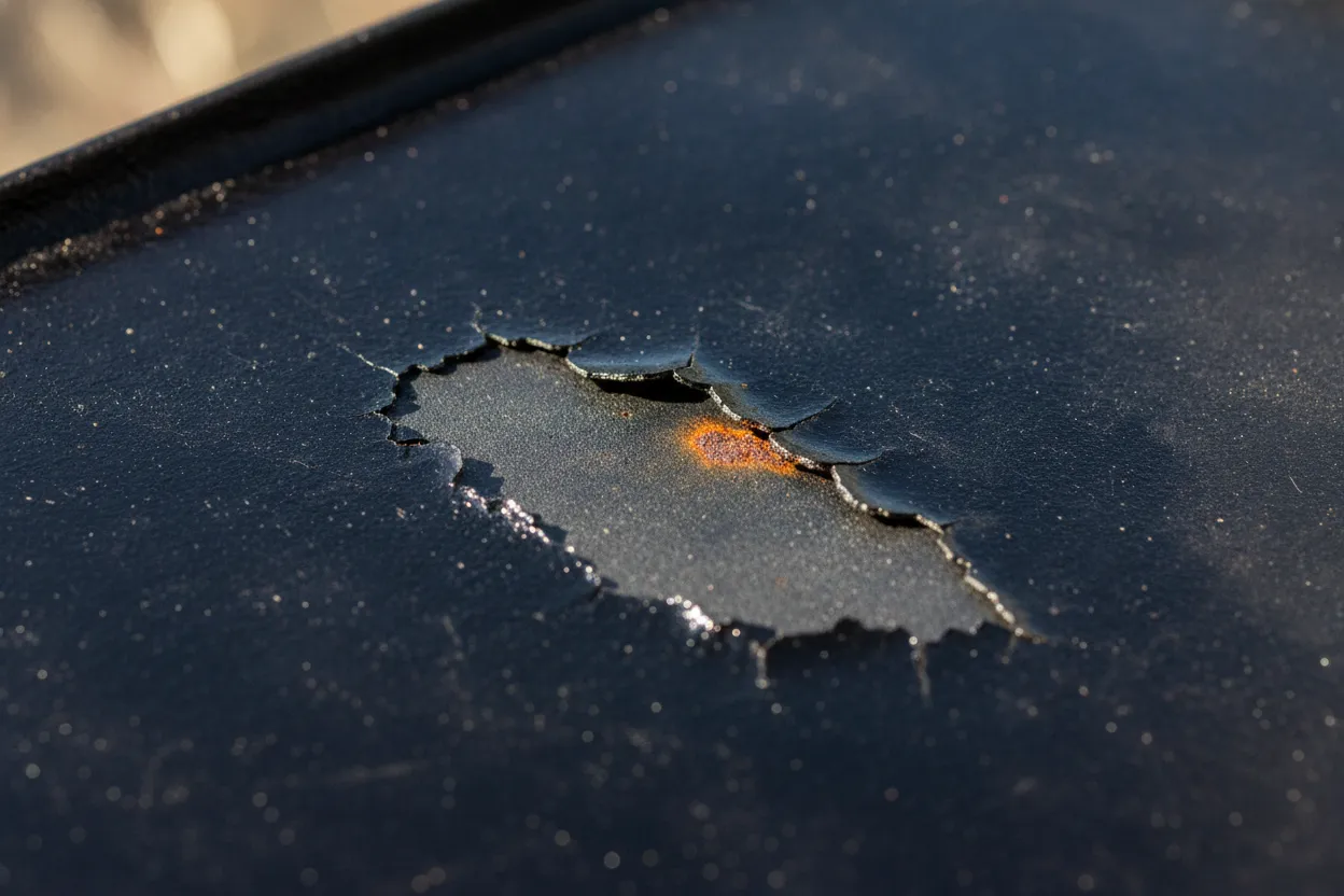 Un éclat dans l'émail noir de la plaque en fonte d'une plancha, laissant apparaître le métal nu et une amorce de rouille.
