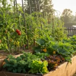 Que planter en avril : organiser avant de creuser 4 Une planche de potager organisée en trois étages de hauteur, les plants tuteurés au fond, les buissonnants au centre et les salades basses devant.