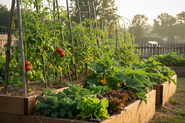 Une planche de potager organisée en trois étages de hauteur, les plants tuteurés au fond, les buissonnants au centre et les salades basses devant.