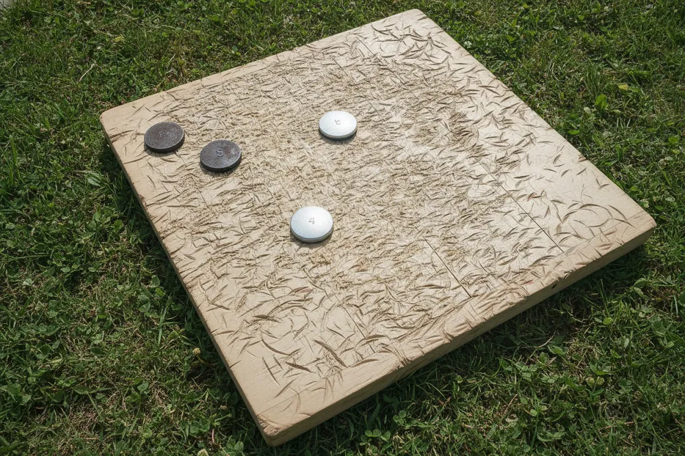 Une planche de palet breton posée au sol, sa surface criblée d'empreintes rondes laissées par l'usage, avec quatre palets de laiton posés dessus.