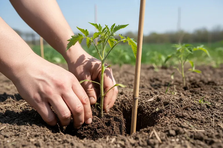Planter en mai un pied de tomate : des mains le descendent profondément dans le trou, une longue portion de tige sous le niveau du sol et le tuteur déjà en place à côté.