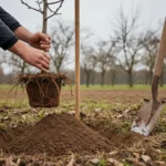 Planter en novembre un jeune arbre fruitier à racines nues : deux mains le tiennent droit dans un trou fraîchement creusé, les racines étalées sur une petite butte de terre.