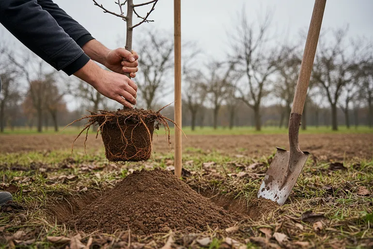 Planter en novembre un jeune arbre fruitier à racines nues : deux mains le tiennent droit dans un trou fraîchement creusé, les racines étalées sur une petite butte de terre.
