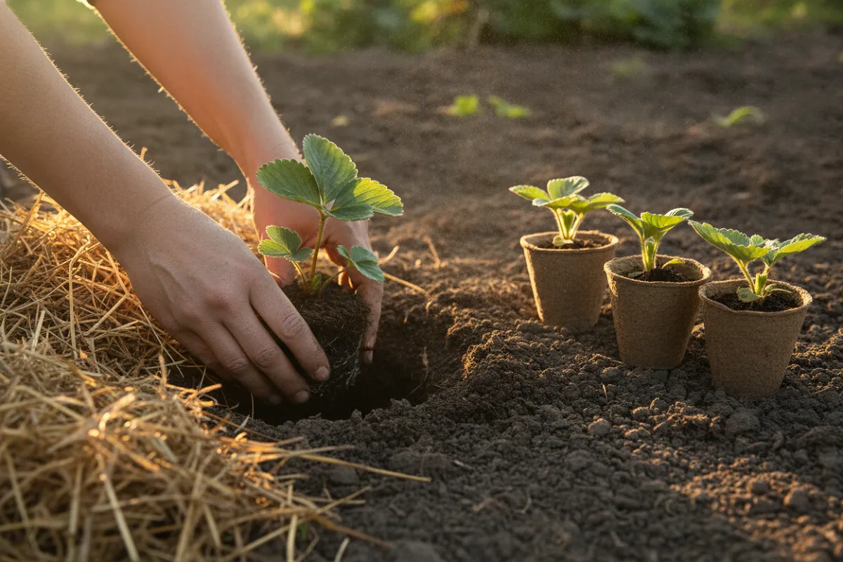 Planter en septembre au potager : plantation de fraisiers : des mains installent un jeune plant dans un trou en terre préparée, d'autres plants en godets attendant à côté avec de la paille sur le côté.