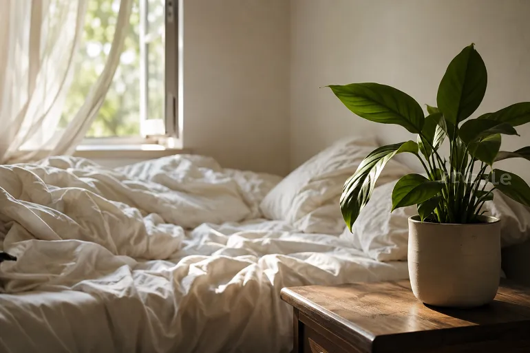 Plante verte posée sur une table de nuit dans une chambre lumineuse, fenêtre entrouverte