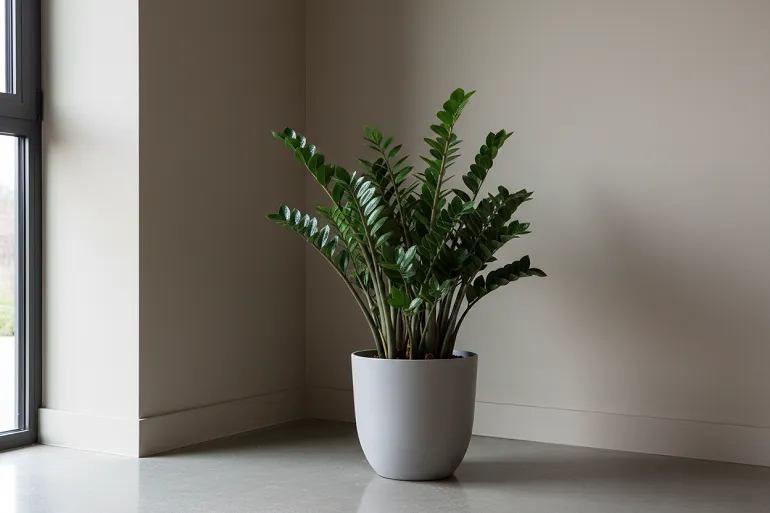 Zamioculcas en pot dans un angle sombre de salon, feuillage vert foncé sous une lumière indirecte.