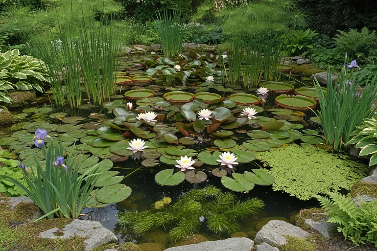 un bassin de jardin avec de nombreuses plantes aquatiques