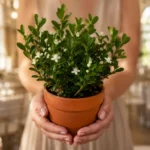 Quelle plante offrir à des mariés, et laquelle survivra à la journée ? 2 Un jeune myrte en pot de terre cuite tenu à deux mains, feuillage dense et petites fleurs blanches, devant une salle de réception ensoleillée.