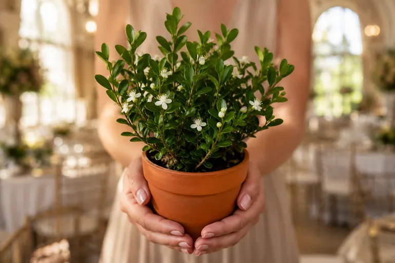 Un jeune myrte en pot de terre cuite tenu à deux mains, feuillage dense et petites fleurs blanches, devant une salle de réception ensoleillée.