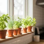 Quelles plantes garder à la maison avec un enfant ? 9 Un rebord de fenêtre de cuisine garni de petits pots d'aromatiques — basilic, ciboulette, persil et menthe — posés à portée de main sur une étagère basse.