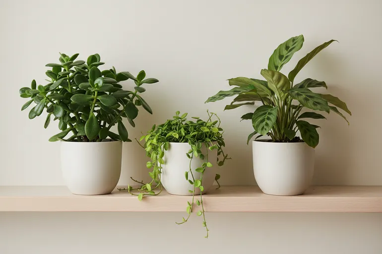 Trois plantes vertes d'intérieur en pots unis sur une étagère en bois clair, feuillages sains et variés.