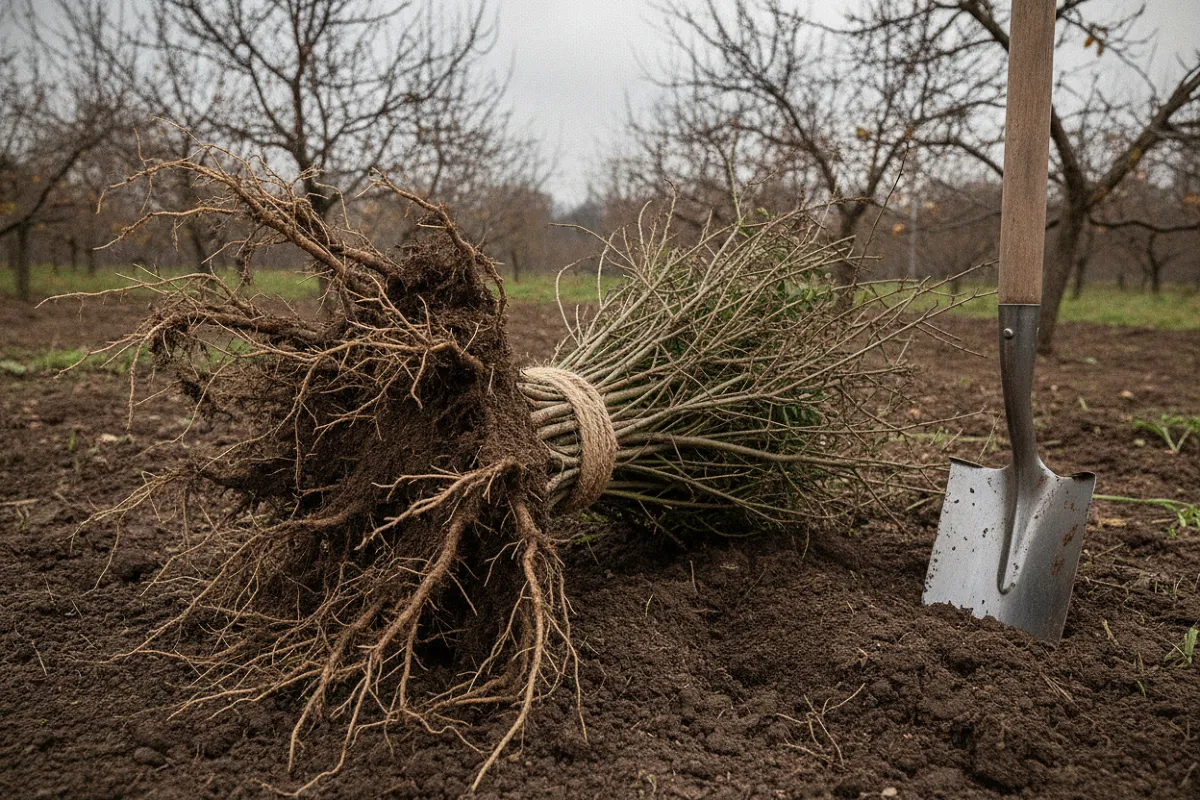 Planter en octobre au potager à racines nues : une botte d'arbustes posée sur la terre, racines apparentes et étalées, sans pot ni motte, liées par une ficelle avec une bêche plantée à côté.