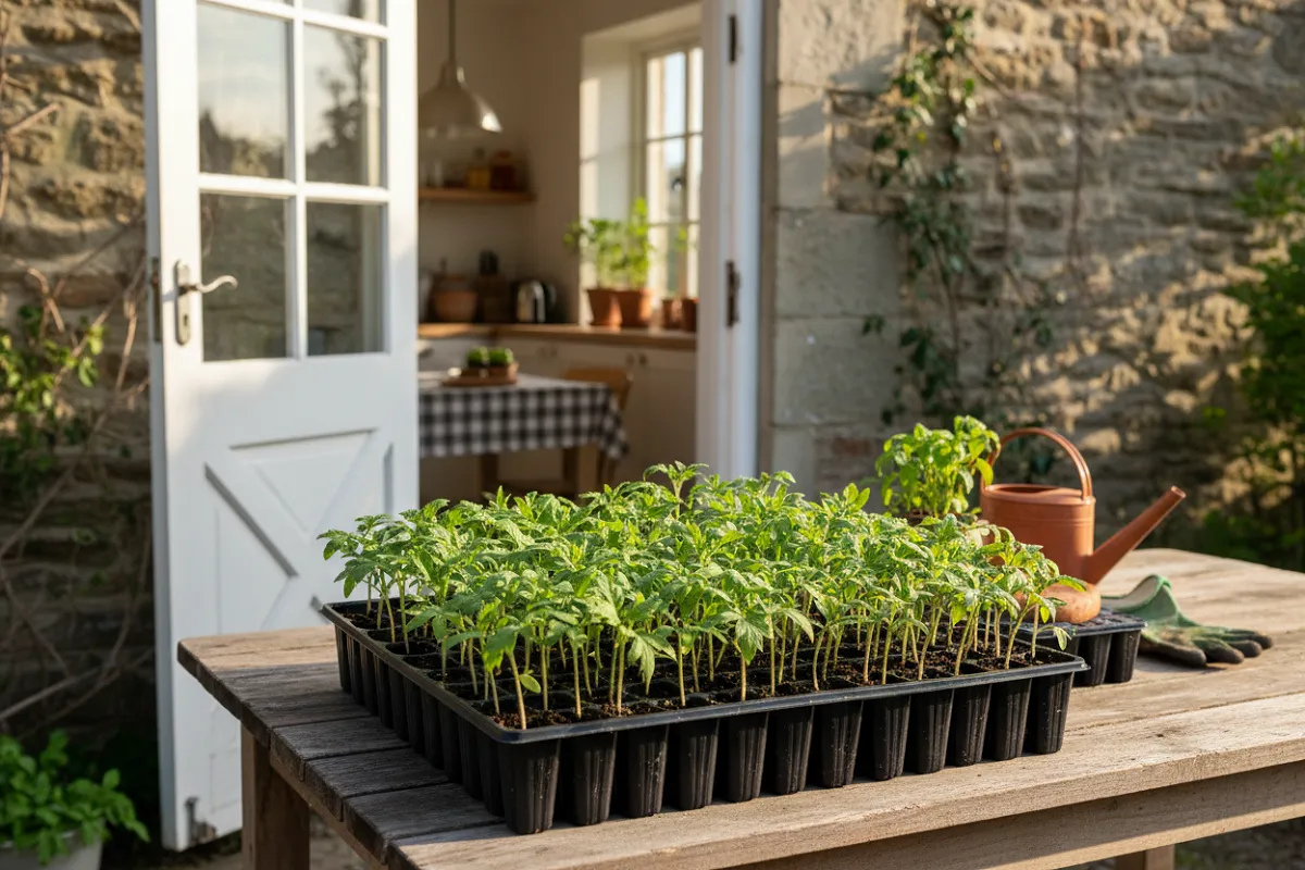 Un plateau de jeunes plants de tomates posé dehors sur une table de jardin au soleil de l'après-midi, à l'abri contre un mur.