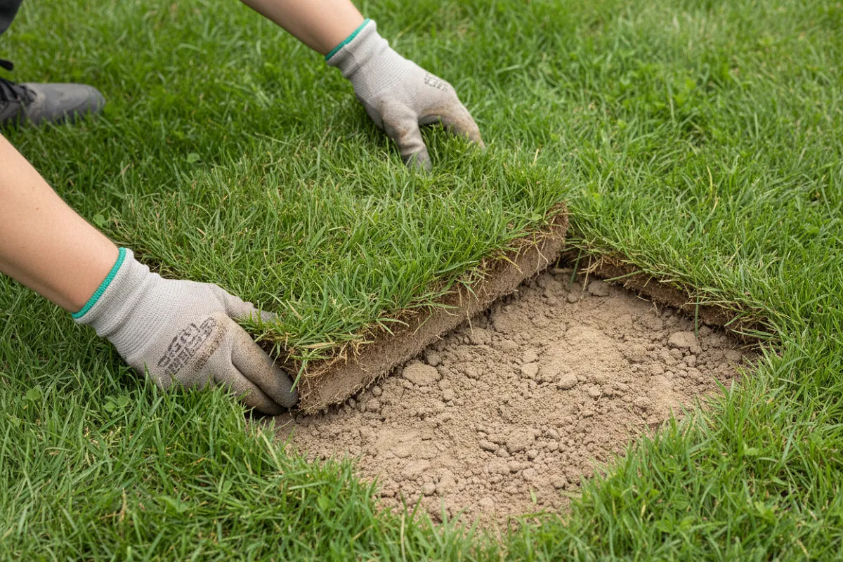 Sanglier jardin : deux mains gantées remettent à plat une plaque de gazon soulevée dans le creux dont elle provient, la terre autour étant friable et ressuyée.
