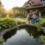 Quel poisson choisir pour un bassin de jardin 5 une famille observant des poissons rouges dans le bassin de leur maison