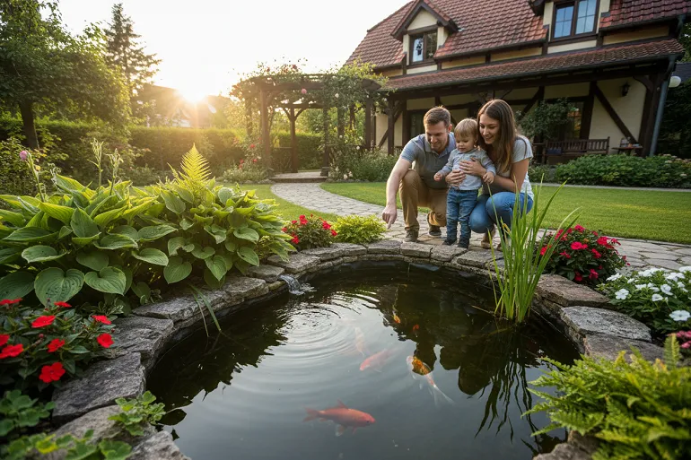 une famille observant des poissons rouges dans le bassin de leur maison