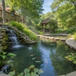 un bassin de jardin avec une cascade alimentée par une pompe de bassin