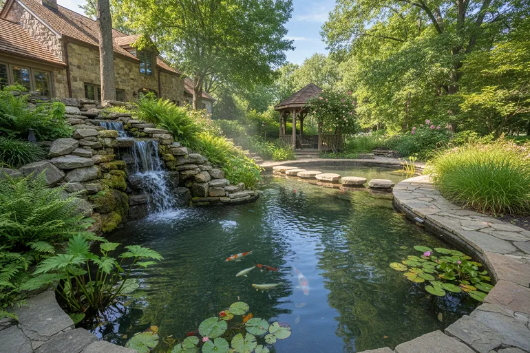 un bassin de jardin avec une cascade alimentée par une pompe de bassin