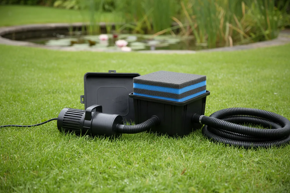 Une pompe de bassin immergée noire posée dans l'herbe à côté d'un boîtier de filtration ouvert dont on voit les mousses, reliés par un tuyau annelé.